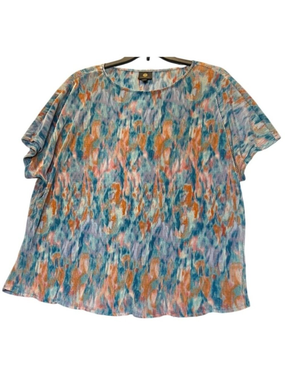 JM Collection 3X Multicolor Pleated Short Sleeve Top Etched Glass Pattern flowy